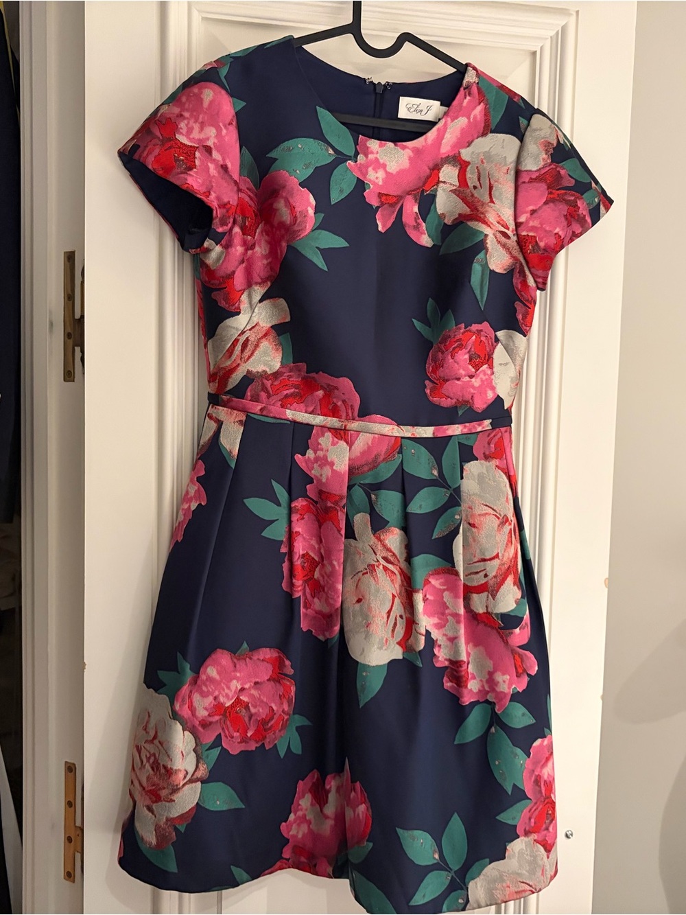 Women Navy Floral Party Dress with Pink Roses